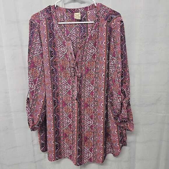 Faded Glory Pink Aztec Boho Tribal Peasant Roll Tab Tunic Blouse 18W/20W - Picture 8 of 11